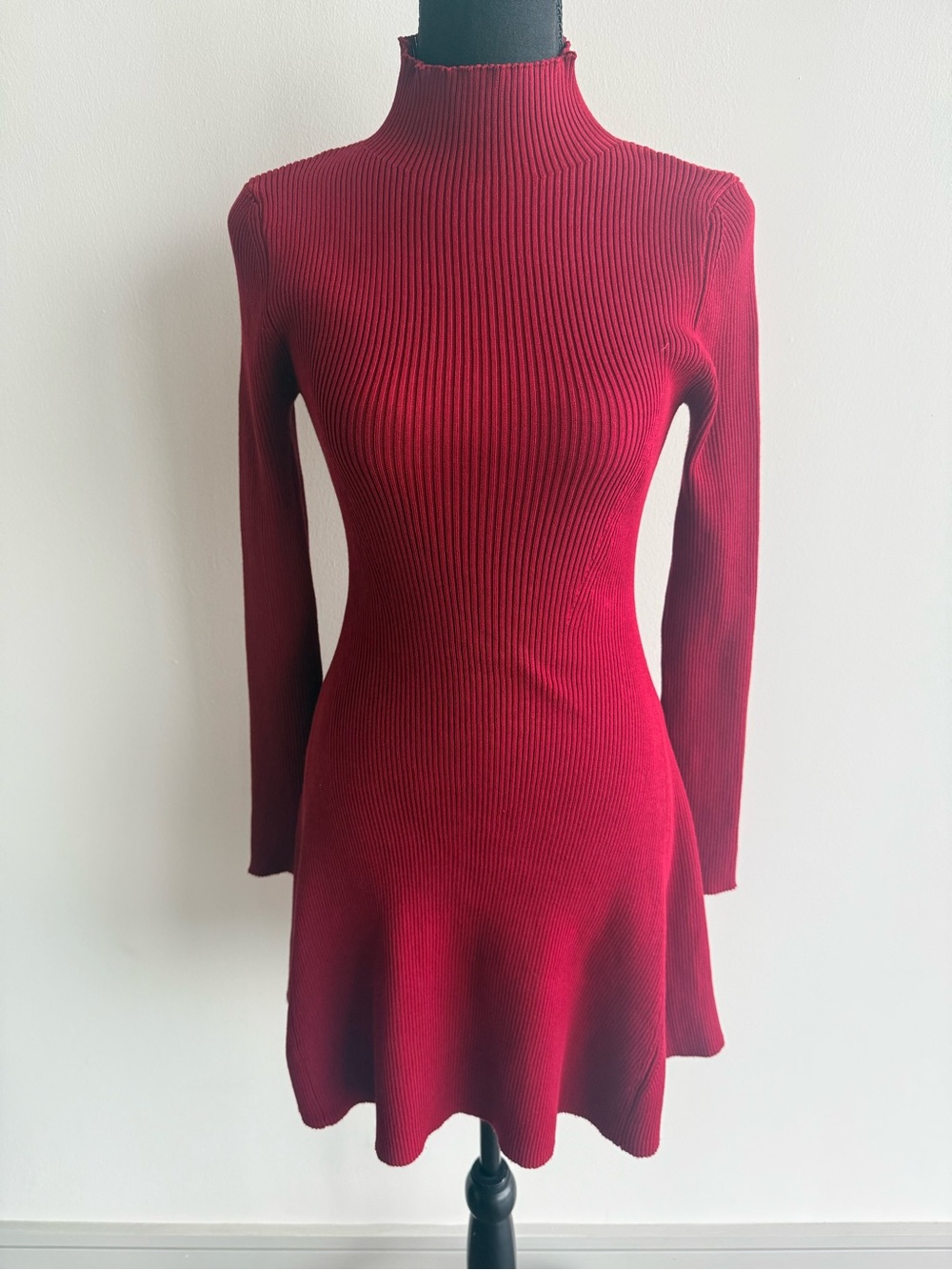 Ribbed Mock Neck Long Sleeve Mini Sweater Dress - Burgundy